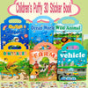 A colorful sticker book featuring dinosaur, ocean, farm, and vehicle themes for children.