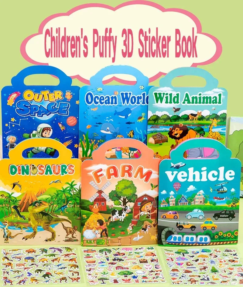 A colorful sticker book featuring dinosaur, ocean, farm, and vehicle themes for children.