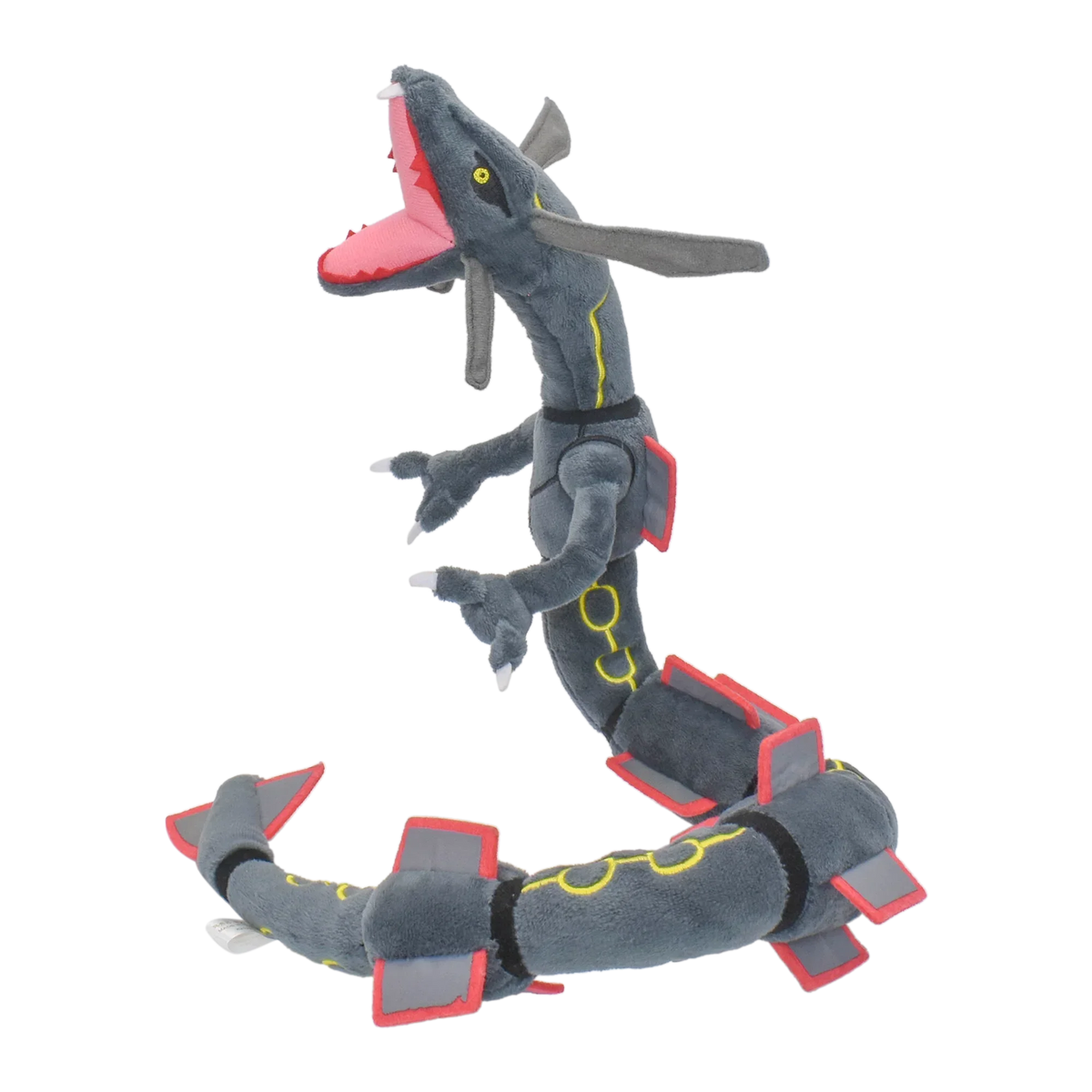 A plush toy of Shiny Rayquaza, a gray and yellow dragon, is shown in a dynamic pose.