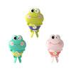 A set of three wind-up swimming frog bath toys in yellow, mint green, and pink.