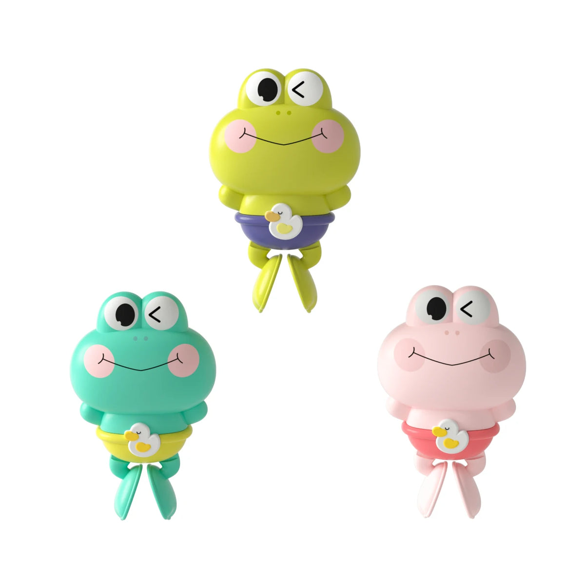 A set of three wind-up swimming frog bath toys in yellow, mint green, and pink.
