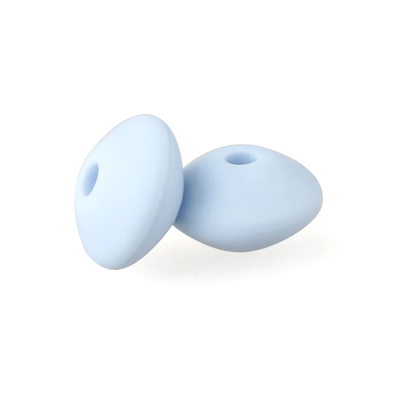 A pair of light blue silicone lentil beads shaped like an abacus for jewelry making.