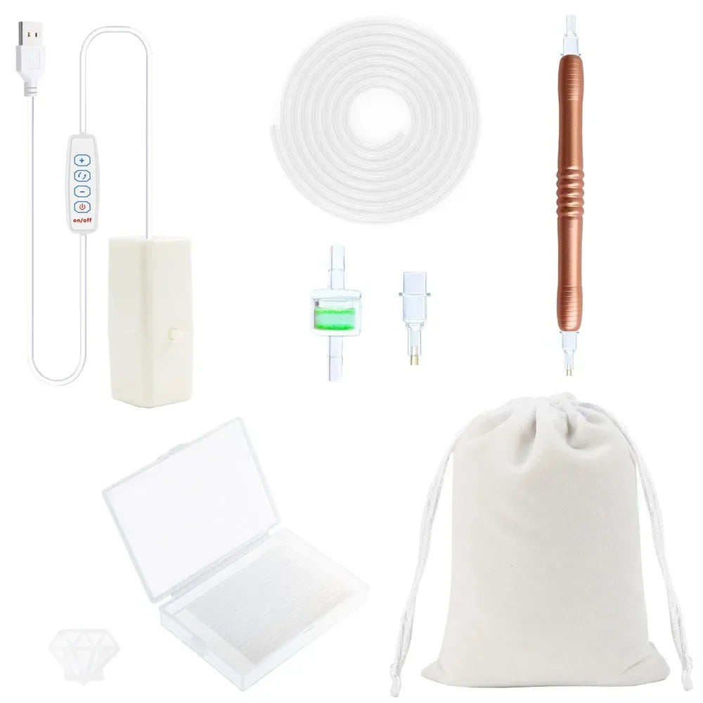 Electric diamond painting pen kit with a USB suction tool and storage bag
