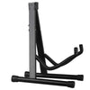 A black foldable metal guitar stand designed for acoustic, electric, and bass guitars.