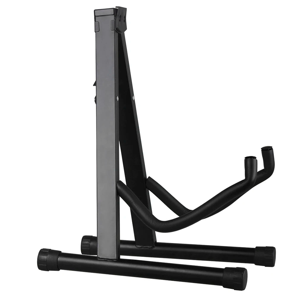 A black foldable metal guitar stand designed for acoustic, electric, and bass guitars.