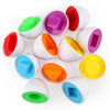 A collection of colorful, egg-shaped Montessori matching toys for toddlers, featuring various shapes and colors.