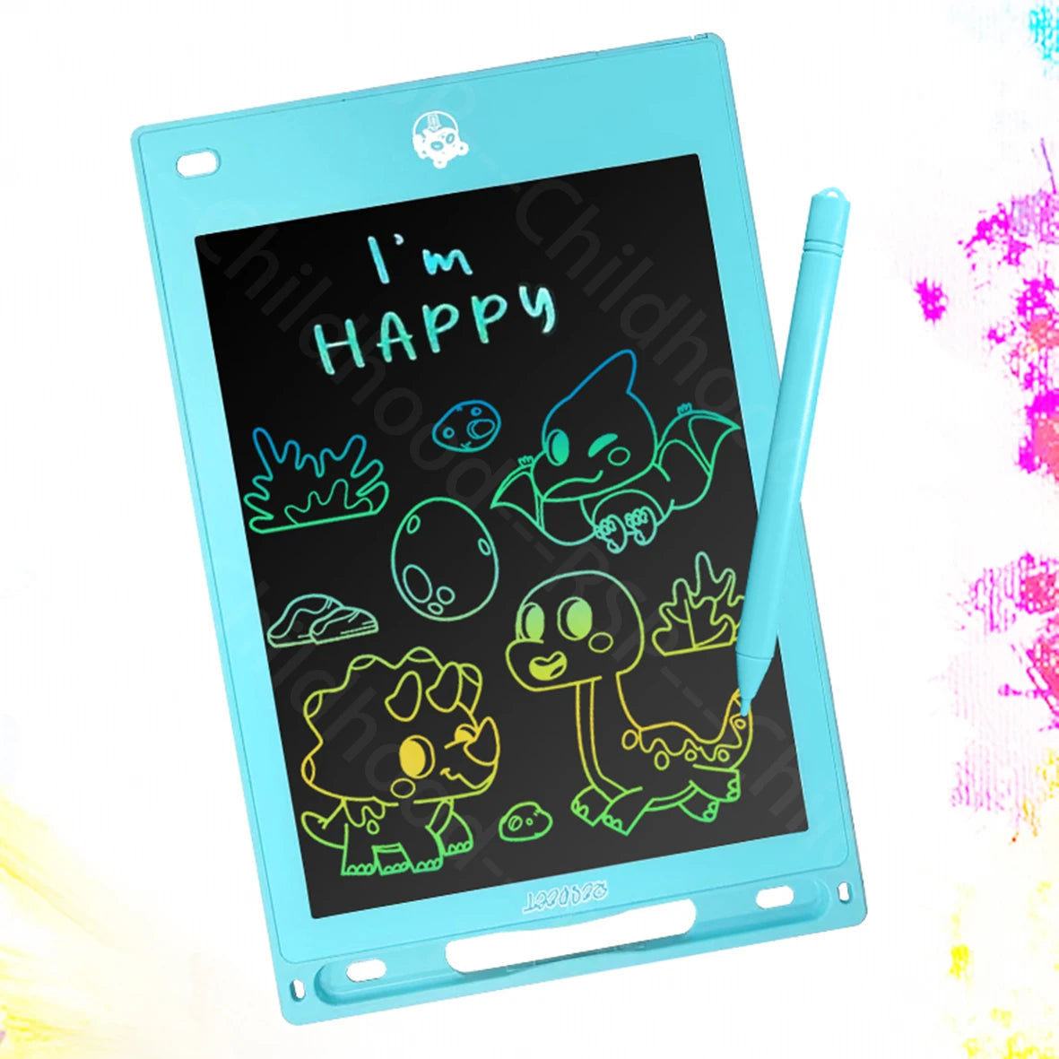 A turquoise LCD writing tablet for kids displaying the text I'm HAPPY and various dinosaur and nature drawings.