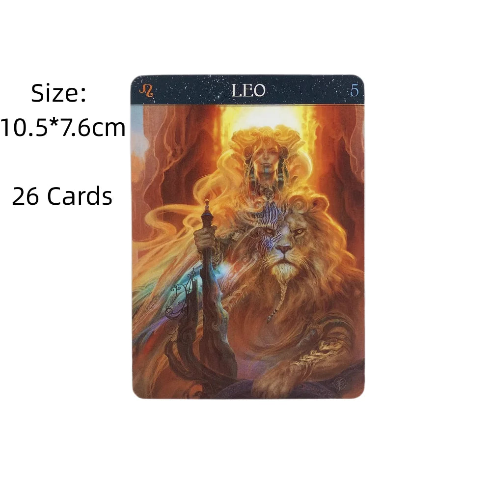 A deck of 26 zodiac oracle cards featuring a majestic lion illustration for astrology divination.