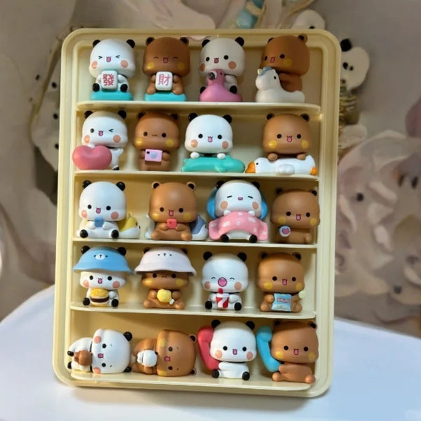 A display of blind box panda couple collectible figures in various colors and poses.
