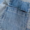 Close-up of a blue denim jacket showing a pocket detail and striped fabric texture.