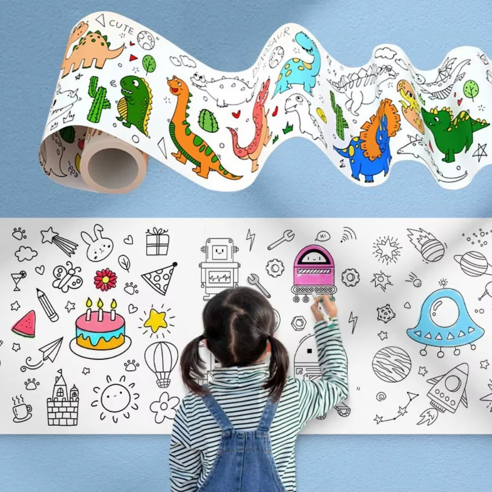 A child is drawing on a large roll of colorful graffiti coloring paper featuring dinosaurs, animals, and various doodles.