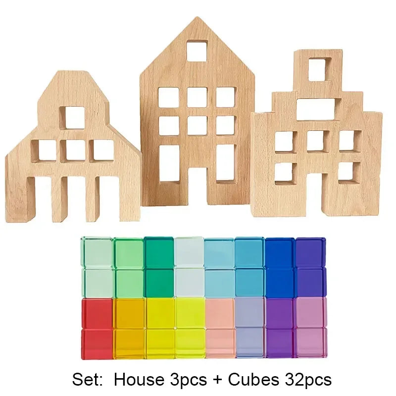 A set of wooden house building blocks and colorful acrylic cubes for creative play