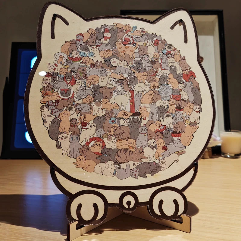 A wooden cat jigsaw puzzle featuring many small, colorful cats and kittens for home decor.