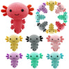 A collection of colorful axolotl plush toys in various shades including pink, yellow, purple, and green.