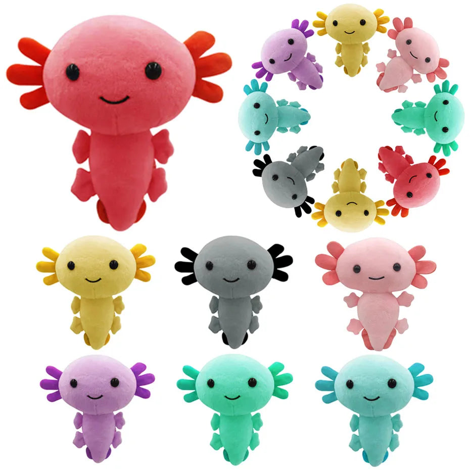 A collection of colorful axolotl plush toys in various shades including pink, yellow, purple, and green.