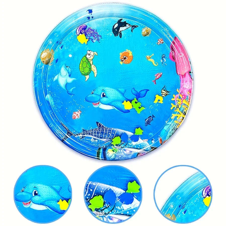 A circular baby water play mat featuring colorful sea creatures and learning activities for infants.