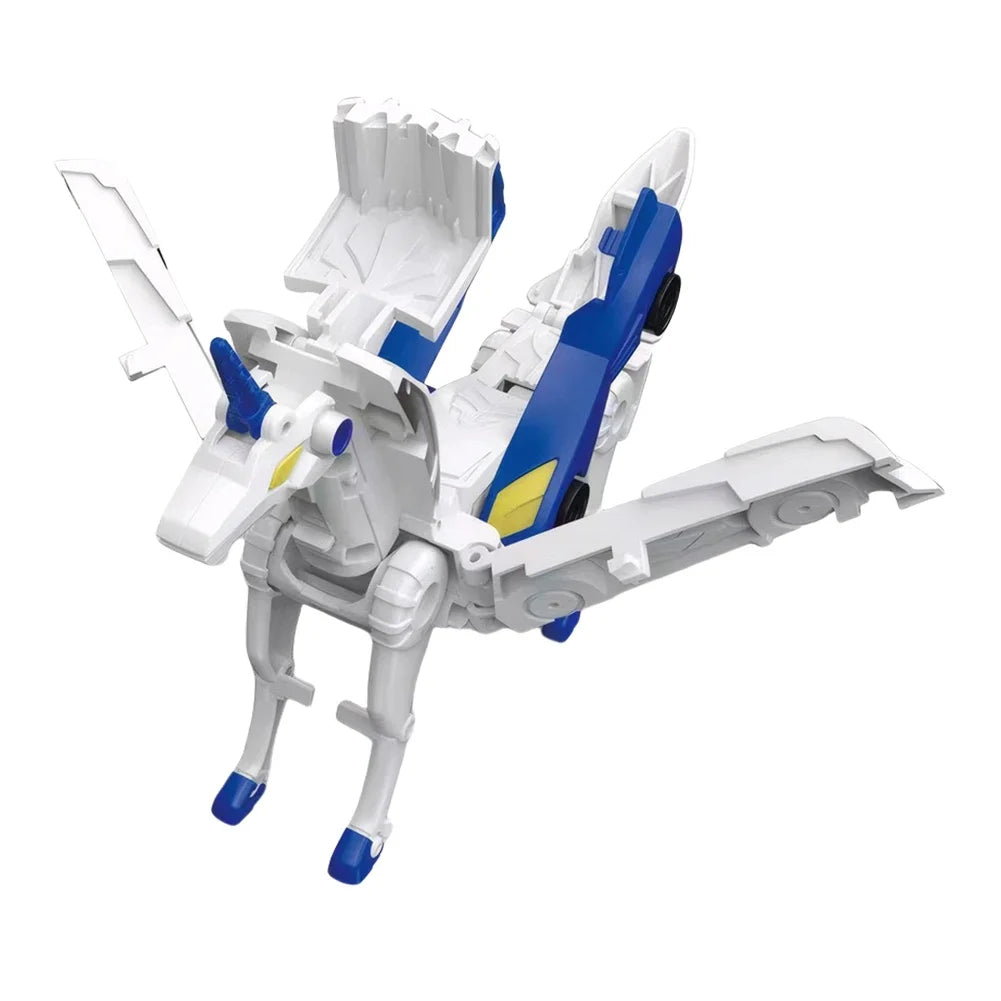 A white and blue transforming unicorn car set with wings and legs.