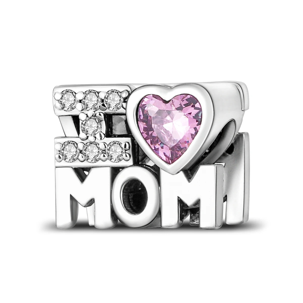 Silver-Plated Heart Charm Bead with Cubic Zirconia for Bracelets and DIY Jewelry