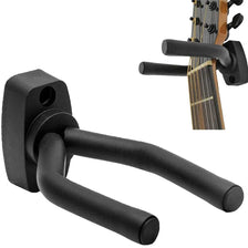Black secure guitar wall mount hanger with a padded yoke and mounting bracket.