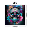 A detailed illustration of a skull surrounded by vibrant flowers and dark, mystical elements.