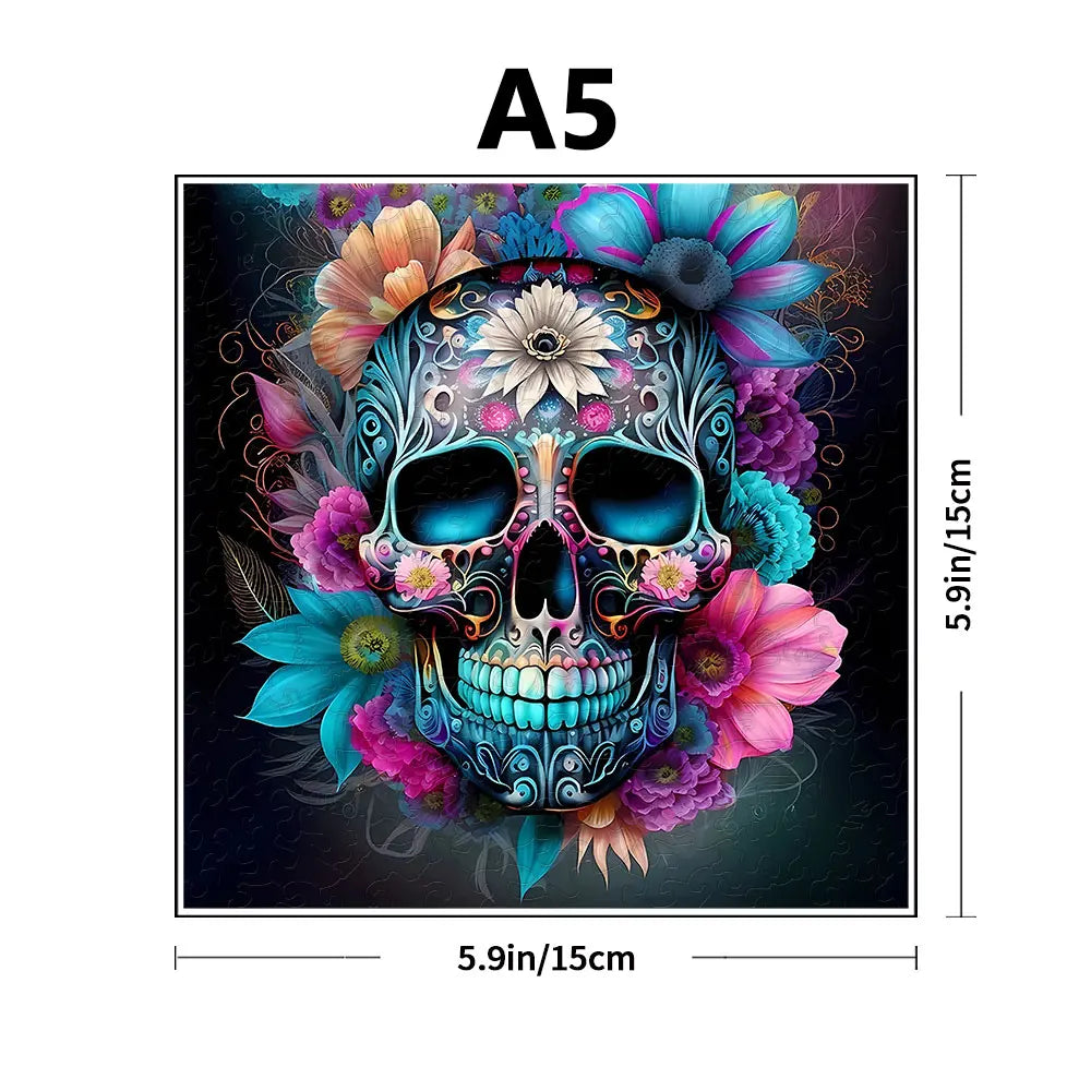 A detailed illustration of a skull surrounded by vibrant flowers and dark, mystical elements.