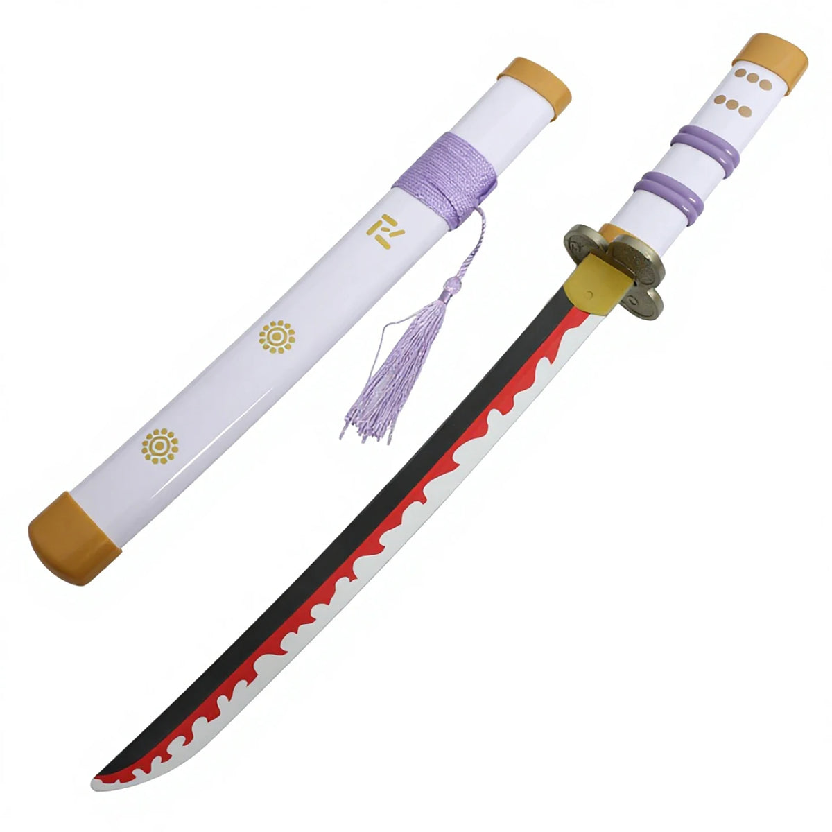 A replica katana sword of Roronoa Zoro's Enma from an anime, featuring a white and purple hilt and a black blade.