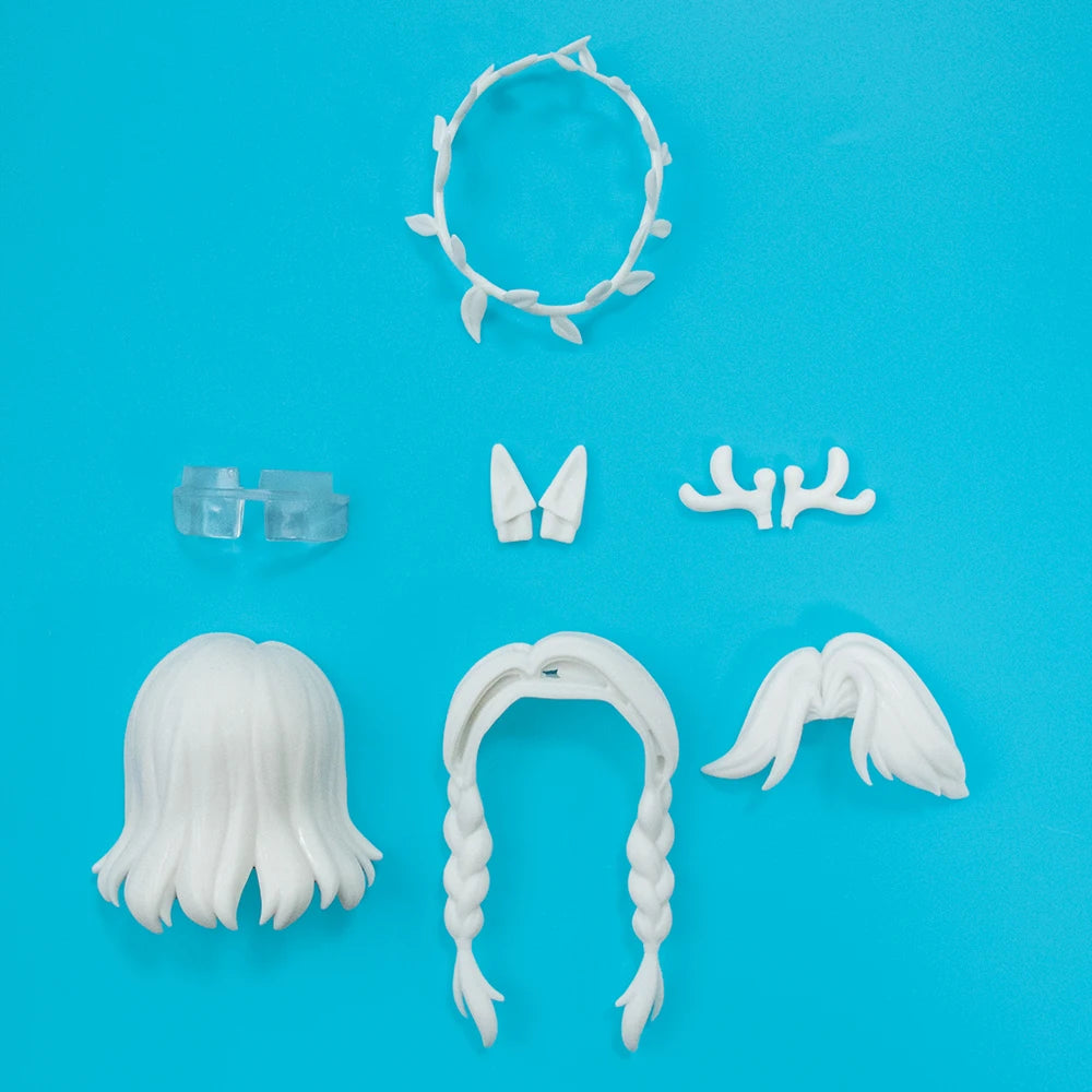 A collection of white hair accessories including a wreath, clips, and braids for a lunar-themed doll blind box.
