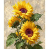 A painting of a vibrant yellow sunflower with a dark center against a textured background.