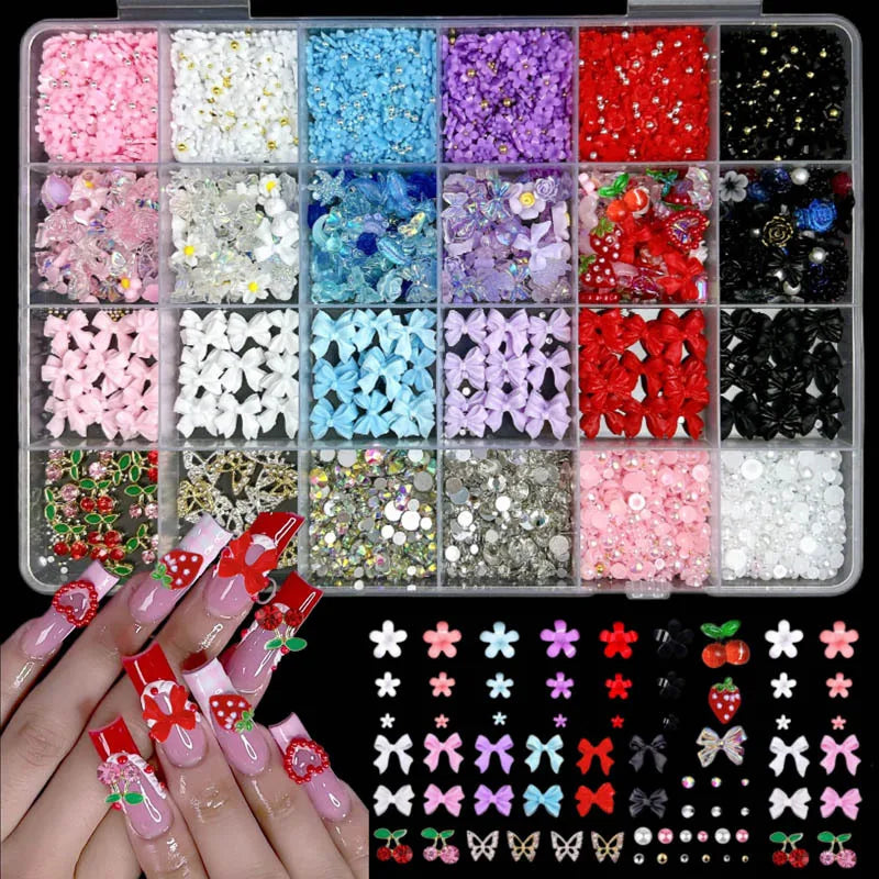 A collection of DIY nail art charms including bows, flowers, fruits, and butterflies in various colors and textures.