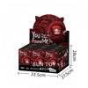 A box containing a Skullpanda You Found Me! series collectible figure in a red velvet-like packaging.