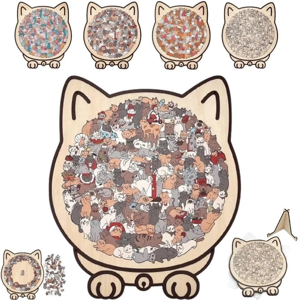 A collection of cat-shaped wooden jigsaw puzzles featuring various cats and animals.