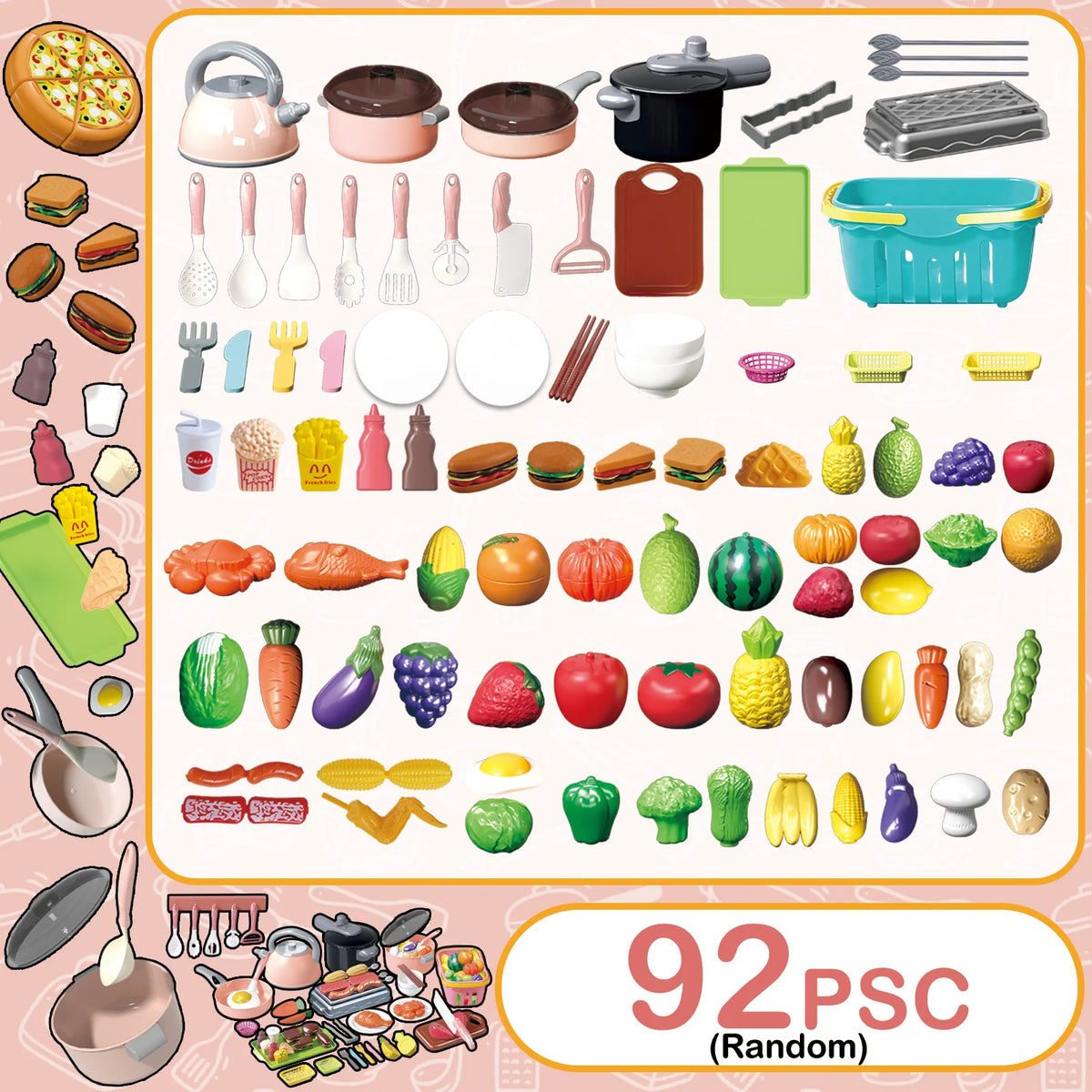 A large assortment of 92 plastic pretend play kitchen items including fruits, vegetables, and cookware for kids
