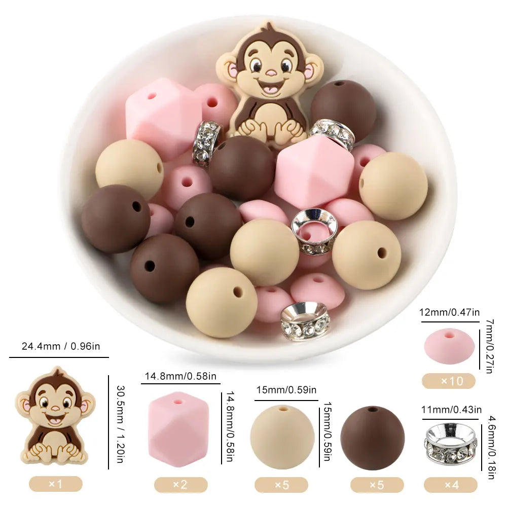 A variety of silicone beads shaped like cartoon animals in various colors and sizes for DIY jewelry making