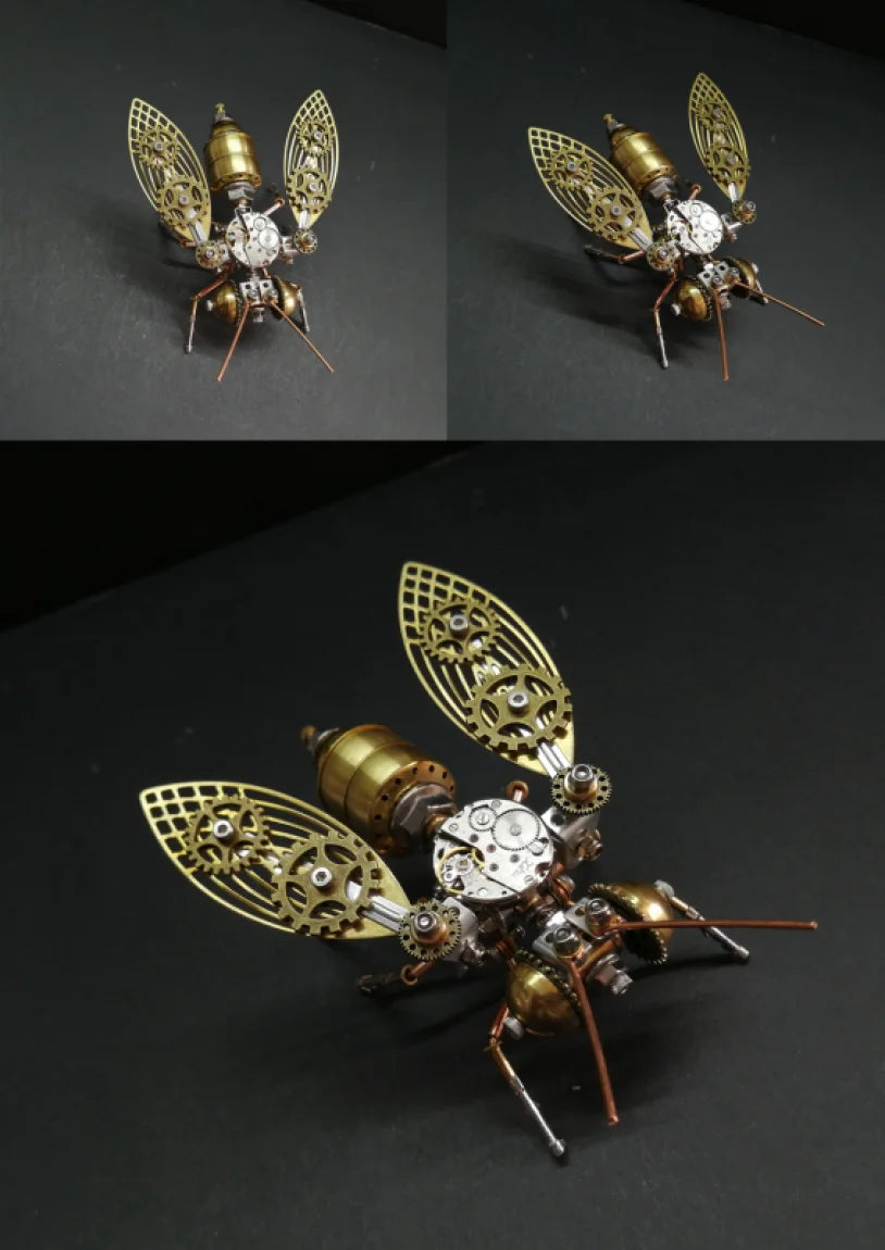 A detailed steampunk mechanical bee model kit featuring brass and silver metal parts with intricate wings.