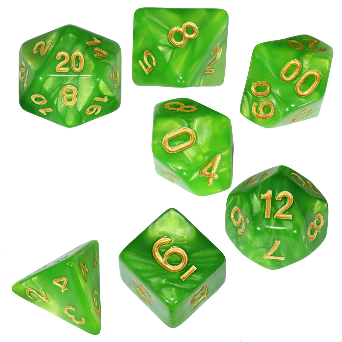 A set of seven green marble effect polyhedral dice showing various numbers and shapes.