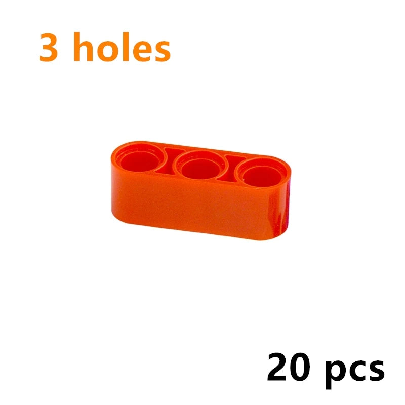A set of 20 orange Technic liftarm beam building blocks with three holes.