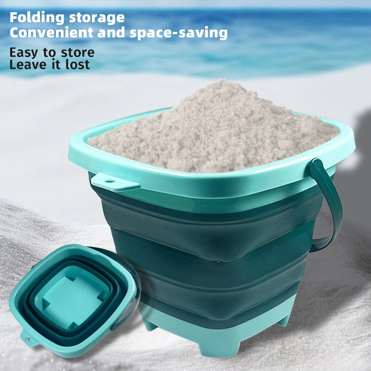 A teal plastic bucket filled with sand is shown next to a lid, demonstrating folding storage for an expandable sand bucket to