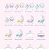 A collection of Miffy Dream keychains featuring various stars and moons in lilac, pink, blue, purple, and lake blue colors.