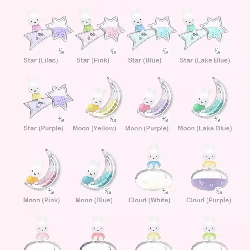 A collection of Miffy Dream keychains featuring various stars and moons in lilac, pink, blue, purple, and lake blue colors.