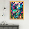 A framed painting featuring a detailed, colorful owl skeleton mosaic art with vibrant pink and purple accents against a moonl