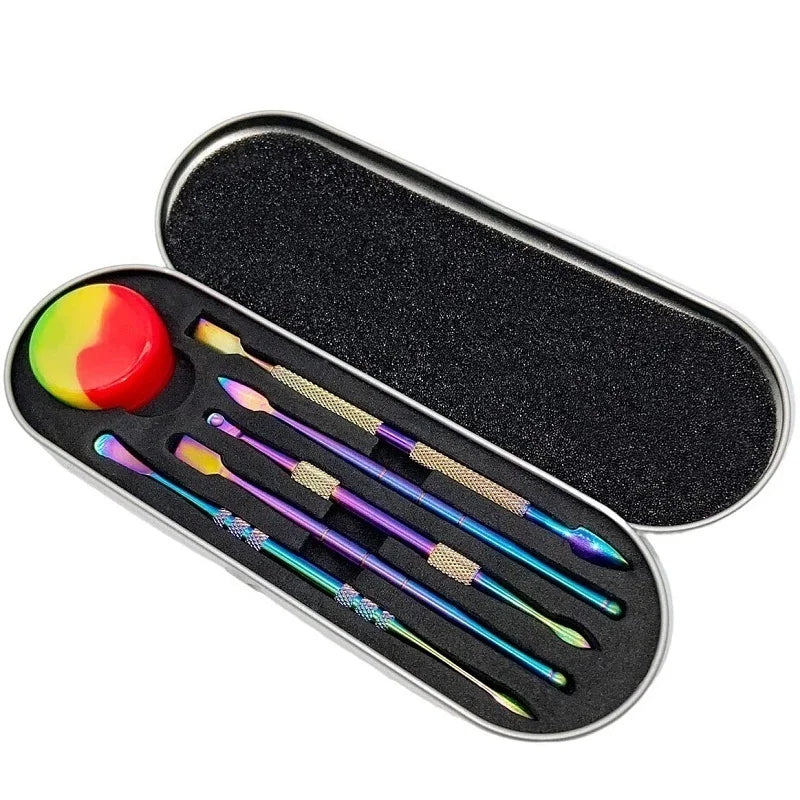 A black travel case holds a set of six stainless steel wax carving tools and a silicone container.