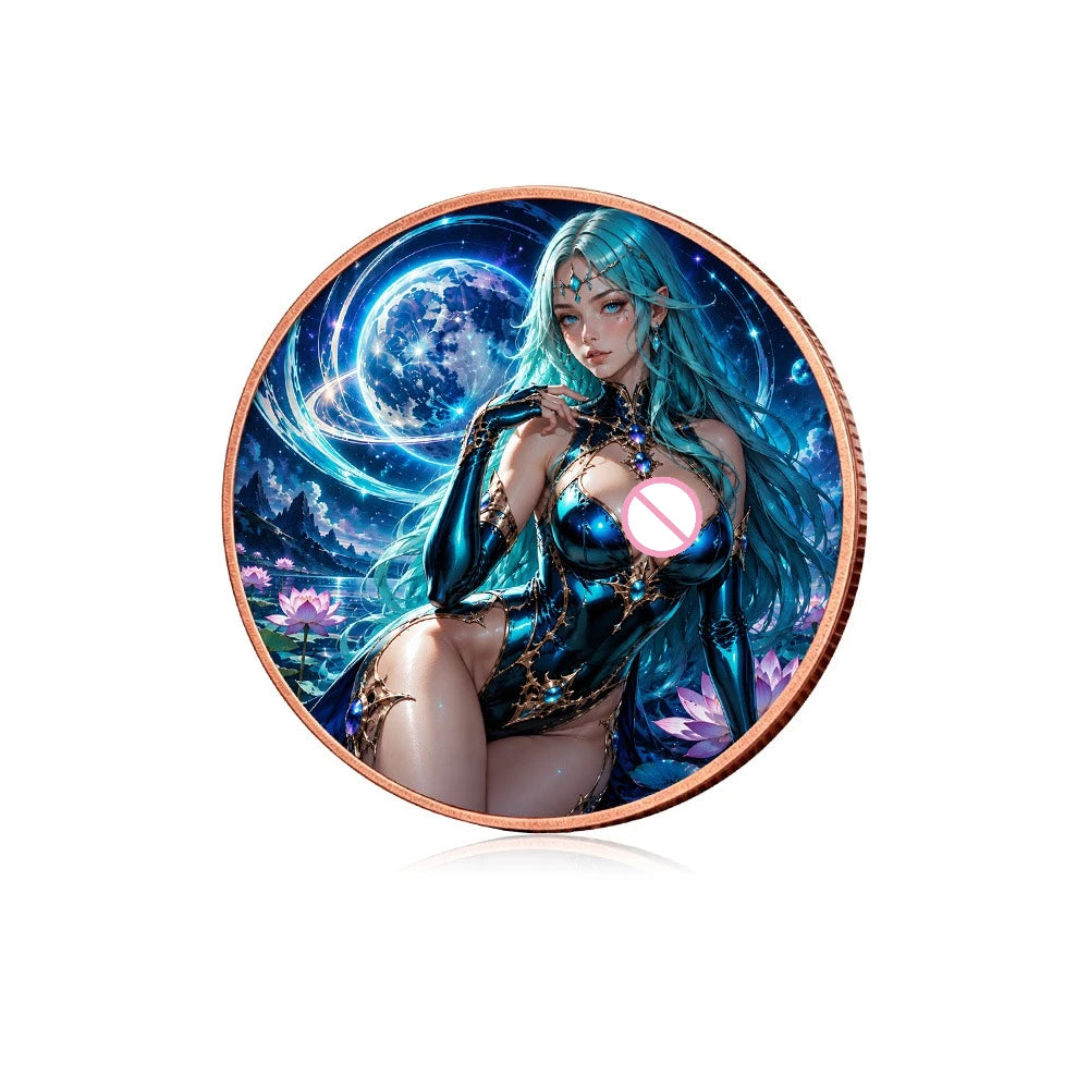 A fantasy witch with blue hair and green armor is depicted on a circular challenge coin design.