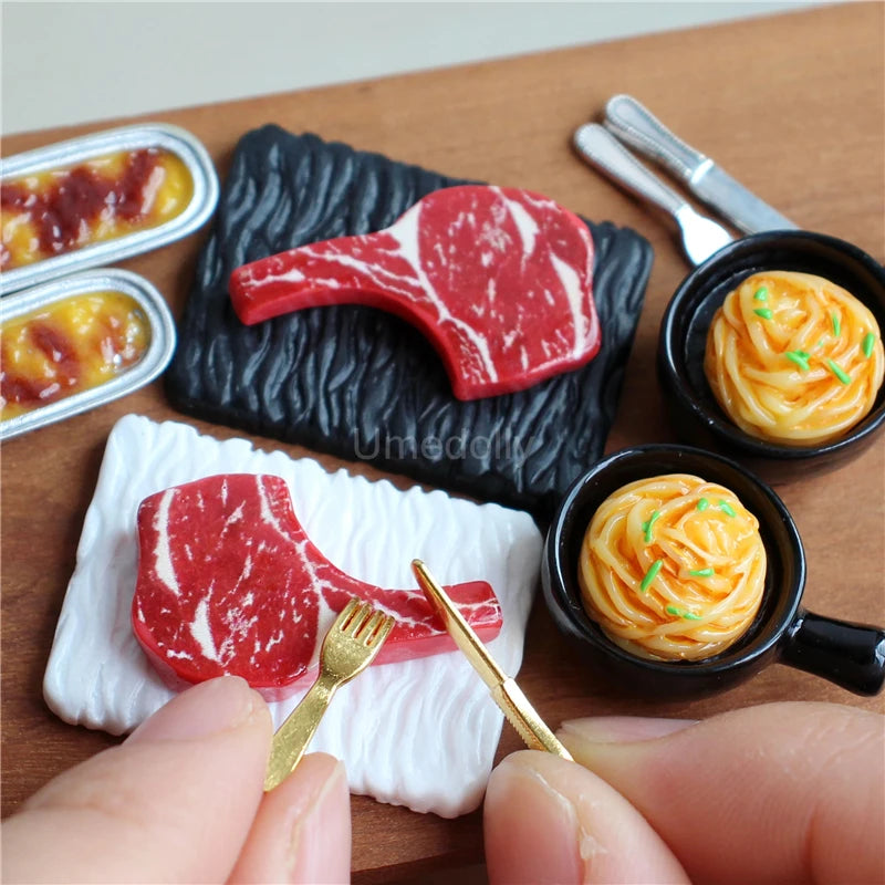 A miniature dollhouse set featuring beef steak and pasta food items on a wooden board.