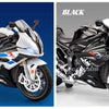 A 1:12 scale die-cast model motorcycle with front steering in white and black colors.