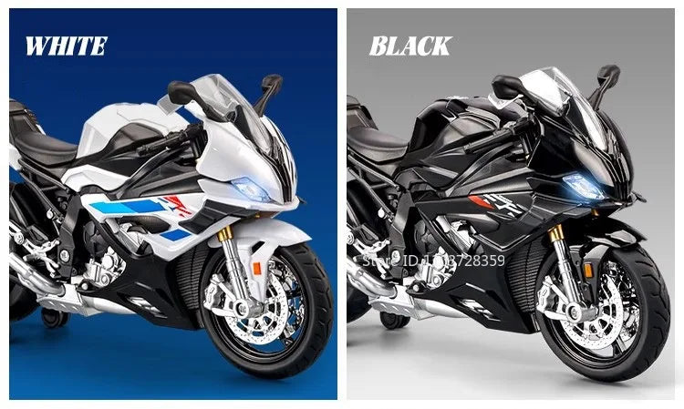 A 1:12 scale die-cast model motorcycle with front steering in white and black colors.