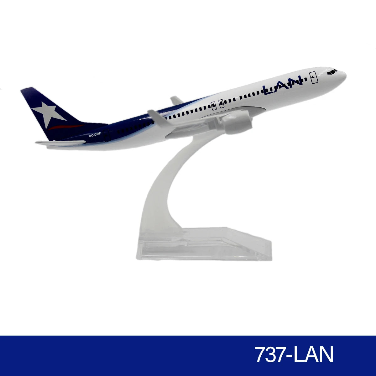 Diecast model of a LAN airplane with a US flag tail and white body.