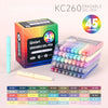 A box of KC260 erasable gel pens with 45 colors and several packaged pens are displayed.