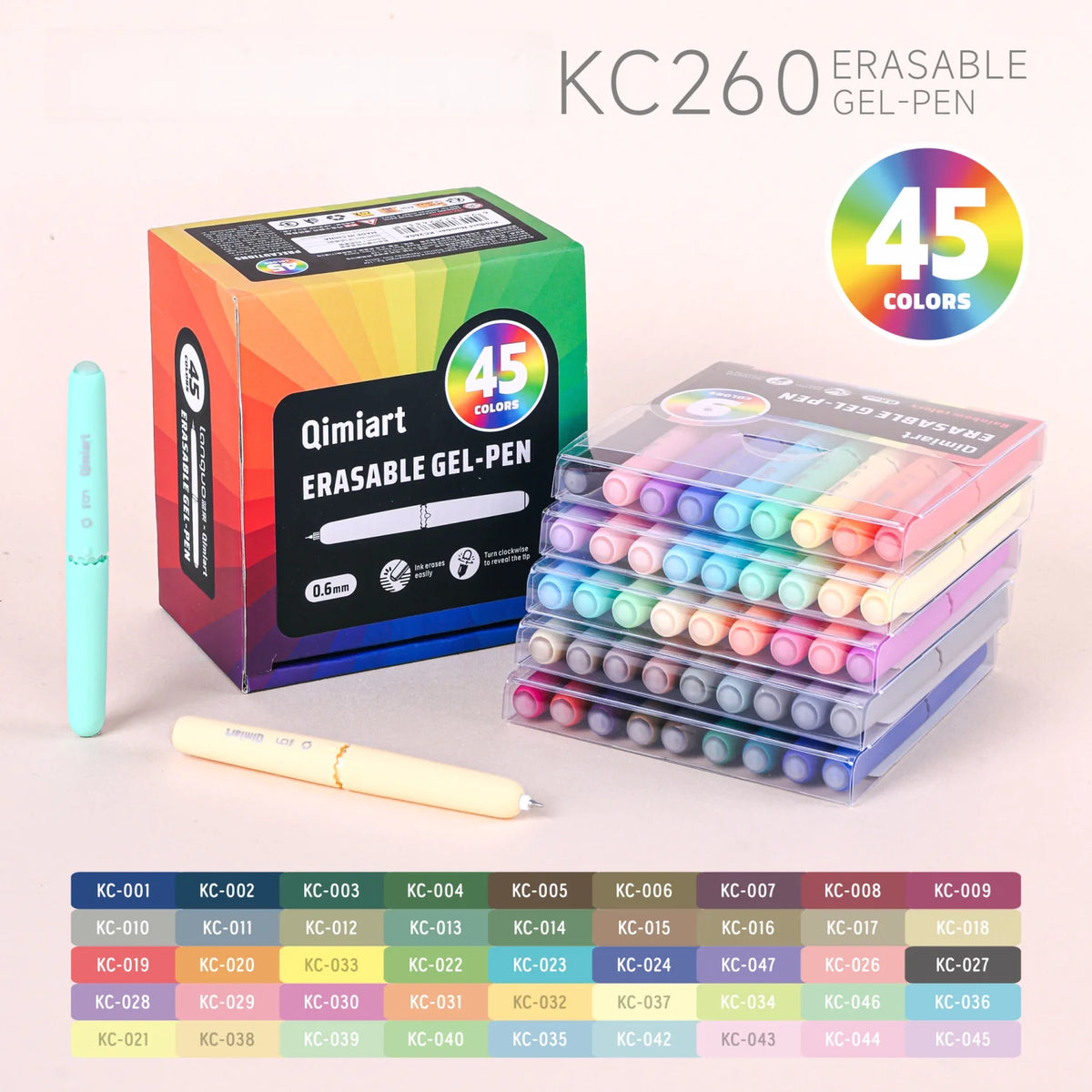 A box of KC260 erasable gel pens with 45 colors and several packaged pens are displayed.