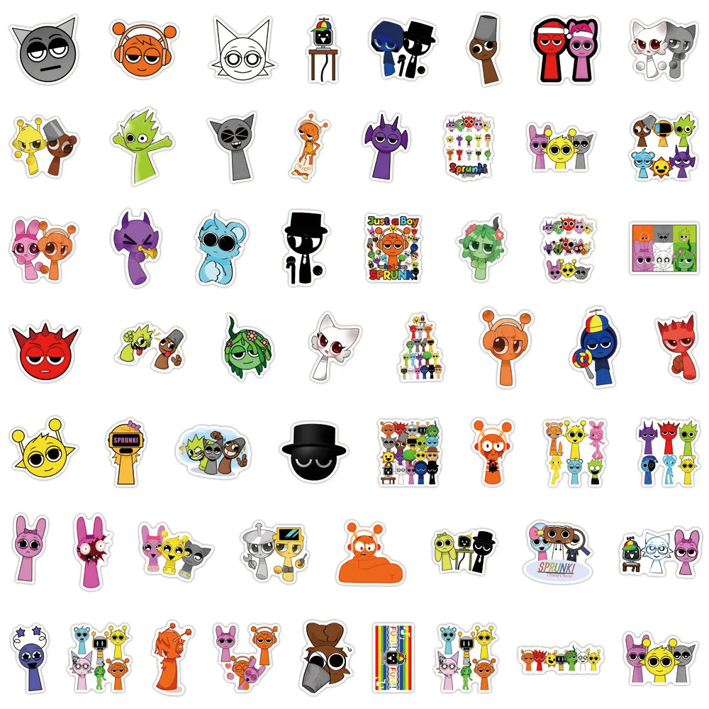 A collection of colorful and stylized decorative stickers for accessories, including animals, characters, and abstract shapes