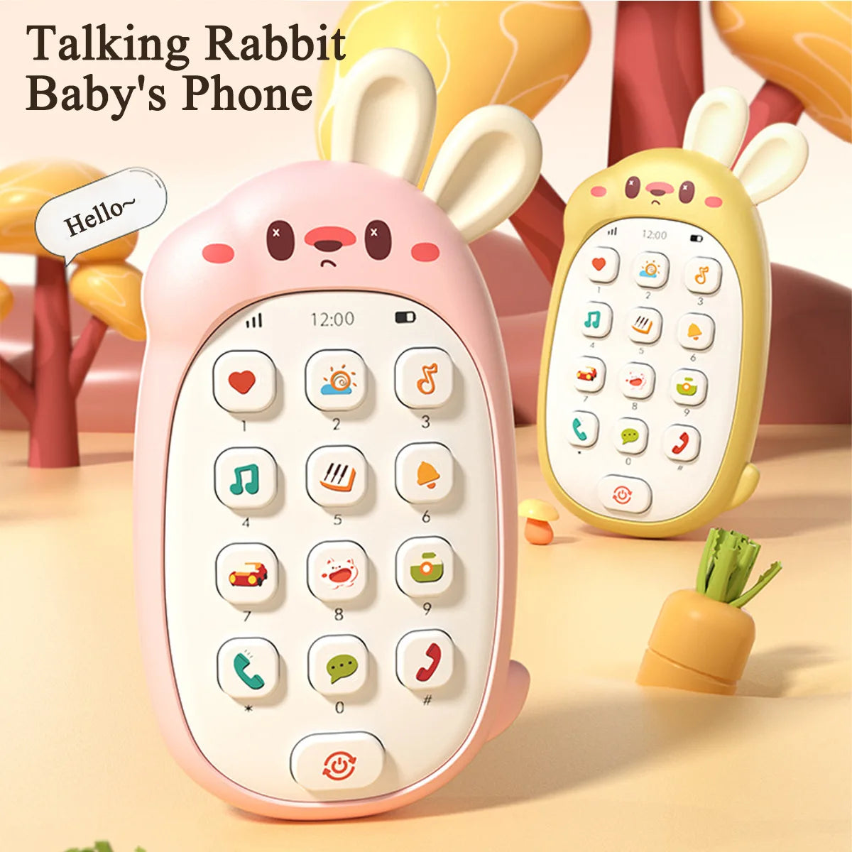 A pink rabbit-shaped toy phone with a keypad is shown next to a yellow rabbit toy and a carrot.
